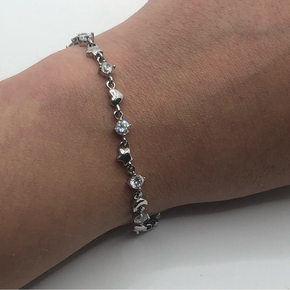 STERLING Silver Moon Stars Hearts & Clear / White Cz Stones Bracelet 6” - 7” - Picture 5 of 7